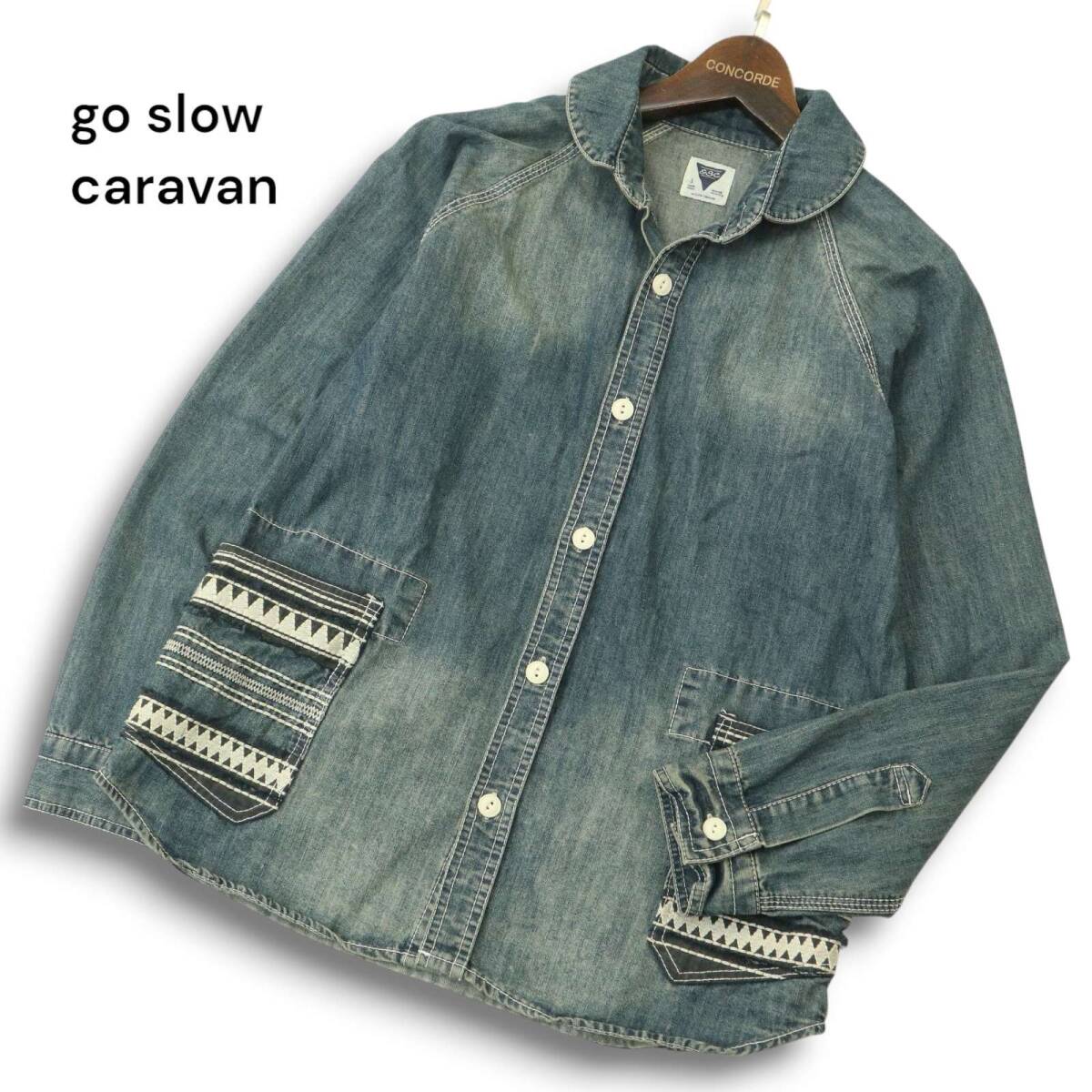 go slow caravan ゴースローキャラバン 通年 刺繍★ USED加工 長袖 ラウンドカラー デニム シャツ Sz.1 メンズ ユニセックス