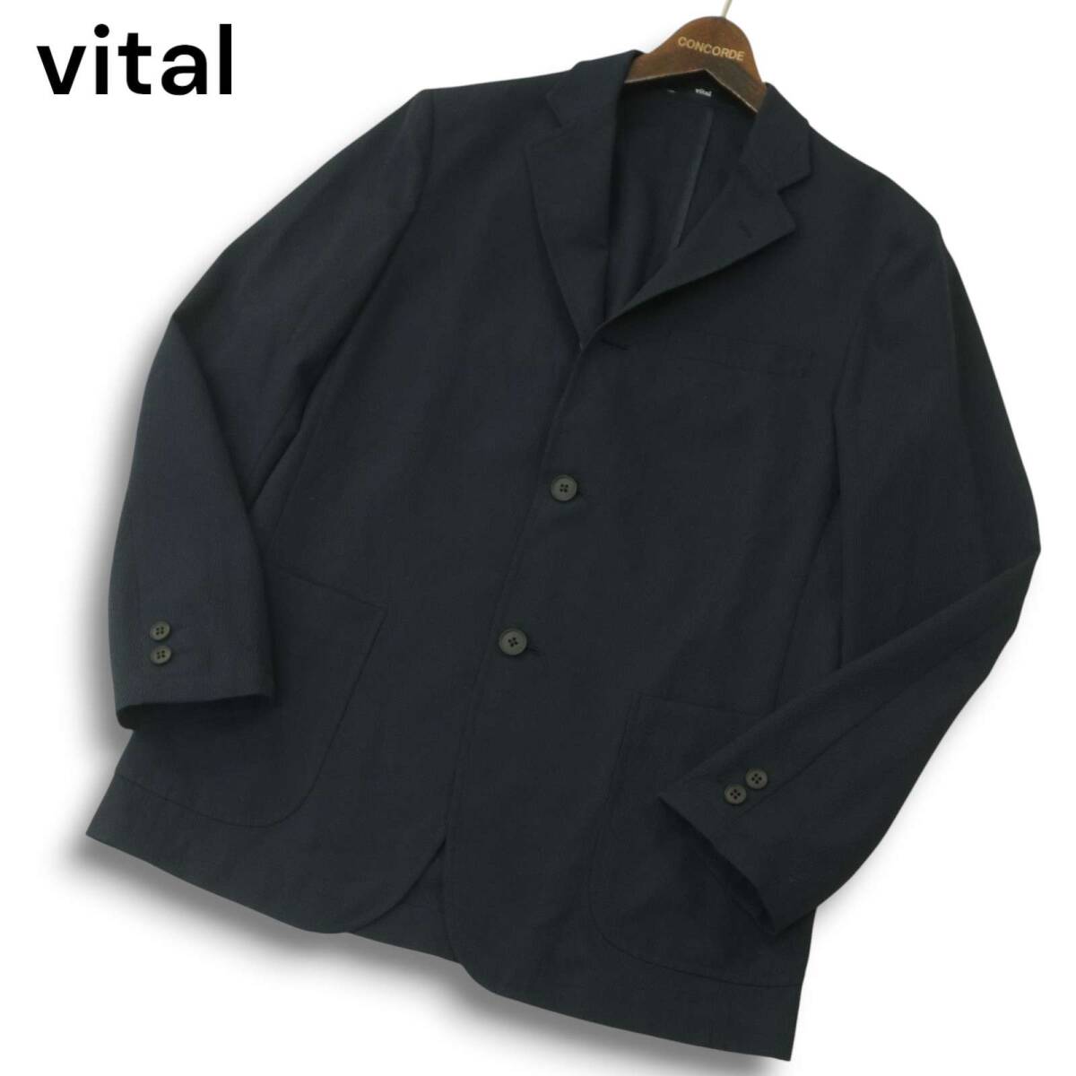 vital MONSIEUR NICOLE ムッシュ ニコル 春夏 シアサッカー★ ストライプ アンコン テーラード ジャケット Sz.46 メンズ 紺