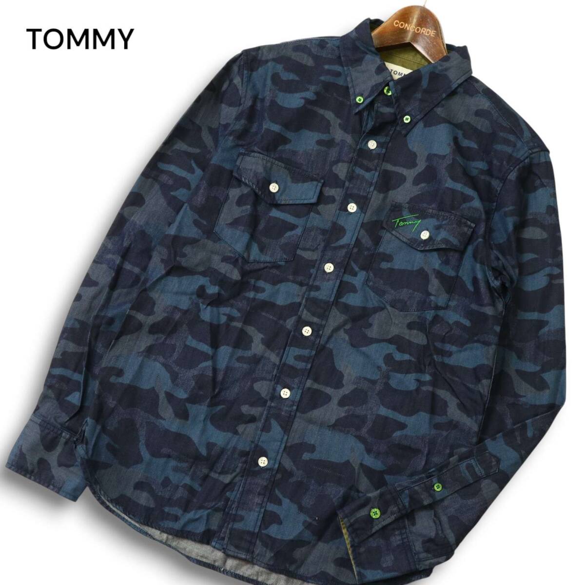 TOMMY トミー ヒルフィガー 通年 【迷彩 カモフラ柄 総柄】 ロゴ刺繍★ 長袖 ボタンダウン デニム シャツ Sz.S メンズ