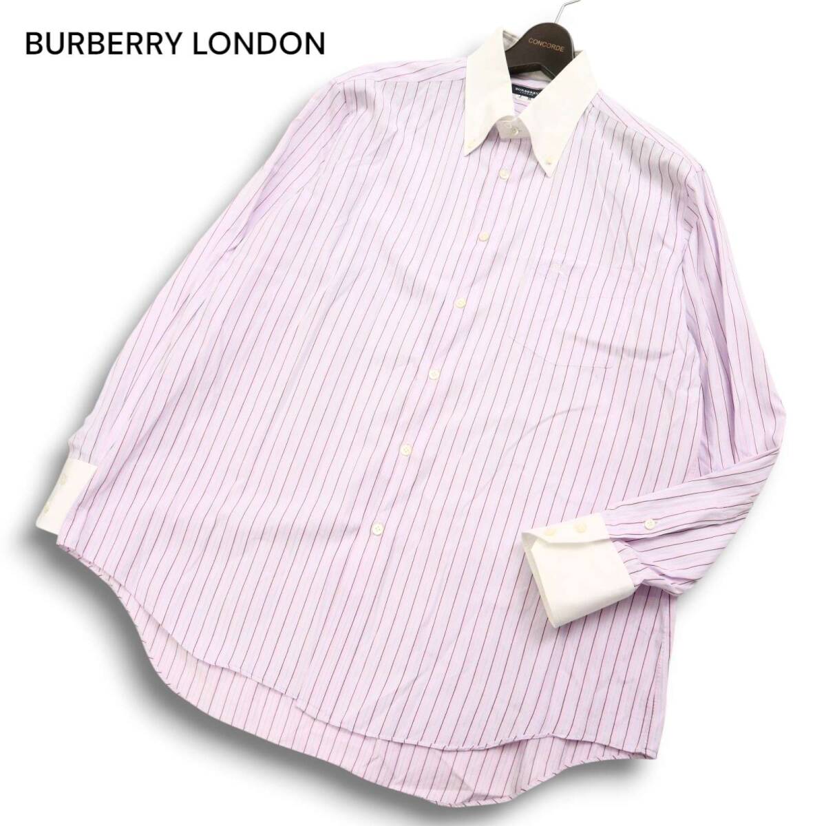 BURBERRY LONDON バーバリー ロンドン ホース刺繍★ 長袖 ストライプ ボタンダウン クレリック シャツ Sz.M　メンズ 日本製