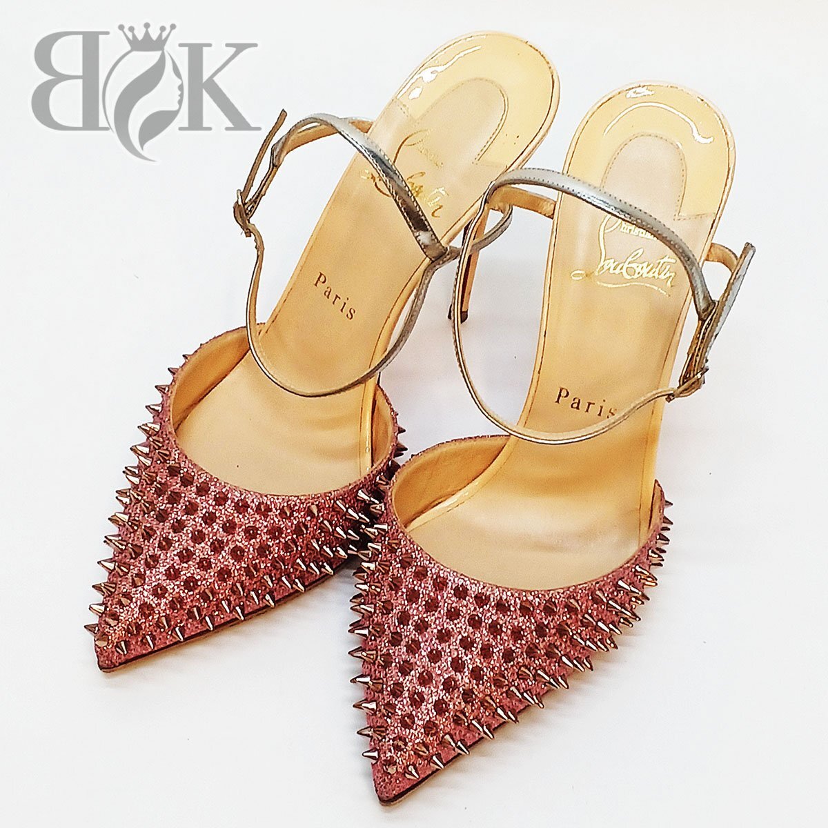ルブタン スタッズ ストラップ ミュール 表記サイズ 37 1/2 約24.5cm レディース ベージュ×ピンク系 靴 革 Christian Louboutin 中古 ★