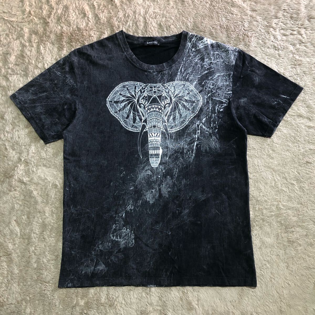 メンズ　レディース　ユニセックス　タイ製　ゾウ柄　半袖Tシャツ　黒系　L　