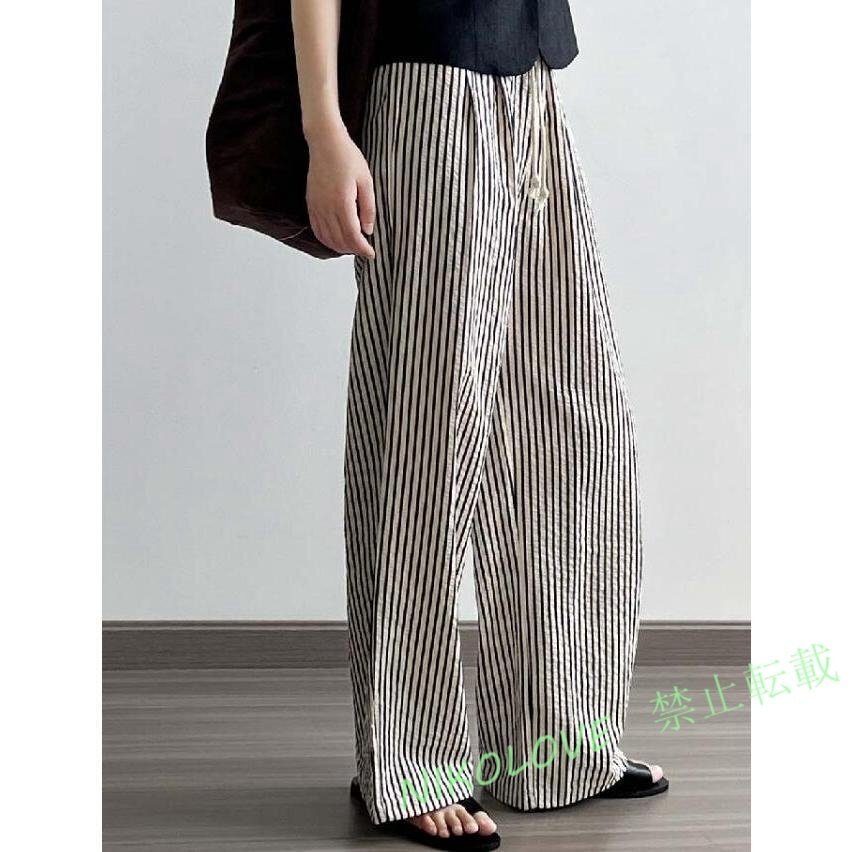 新品 ワイドパンツ レディース タックワイドパンツ ストレートパンツ 春夏 夏 綿 ワイド スラックス ロング マキシ丈 ストライプ柄
