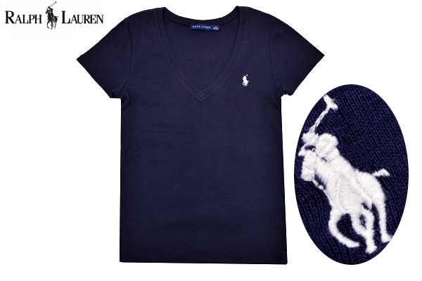 Y-9120★送料無料★RALPH LAUREN ラルフローレン★正規品 ネイビー紺 ワンポイント ポニーロゴ刺繍 Vネック 半袖 カットソー T-シャツ Ｍ 