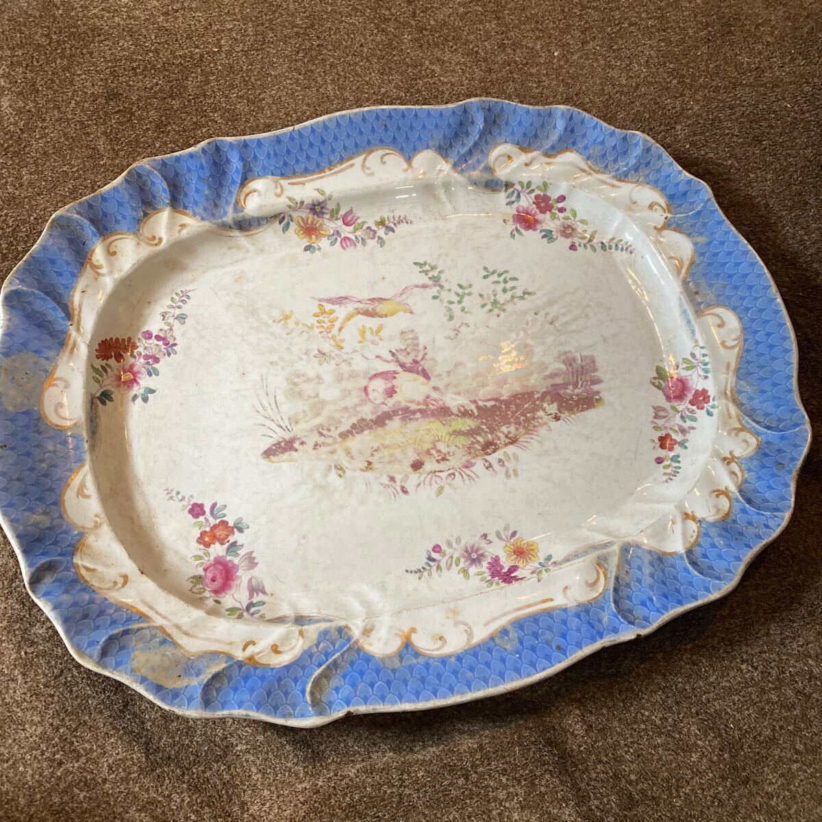 資産家整理品　西洋美術　Meissen マイセン　金彩　花鳥文プレート　洋食器　希少品　オールド　骨董品　アンティーク　全長63.6cm【79】