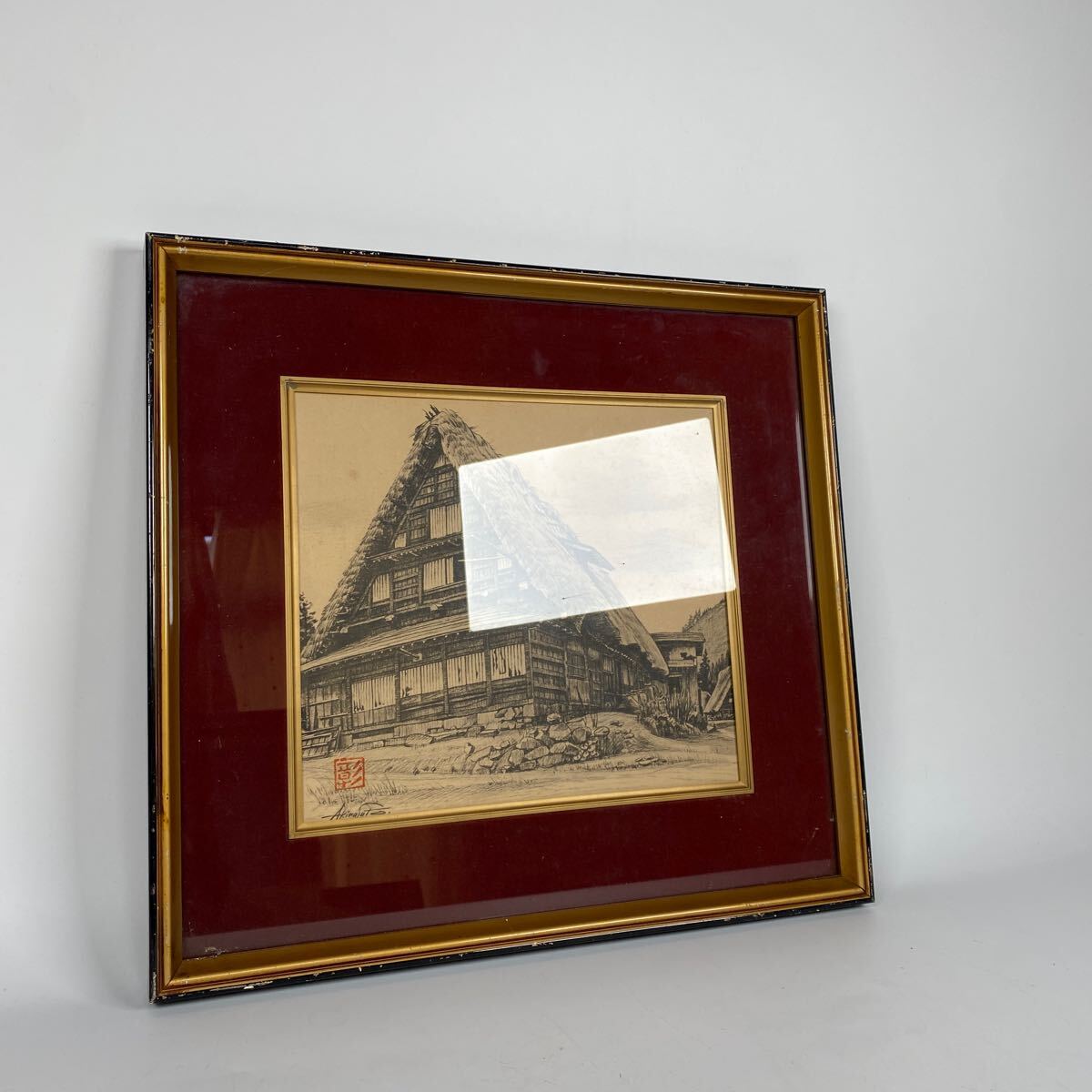 模写　佐藤彰　白川郷　田舎風景画　色紙画　旧家整理品　工芸　額装　作家　画家　鉛筆画　骨董品　古美術品　横41.5cm 縦38.5cm【726】