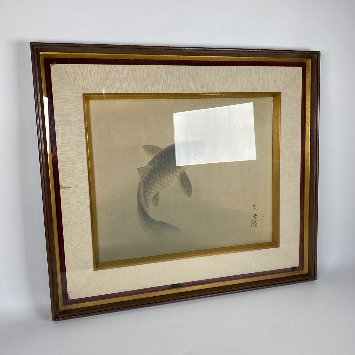 真作保証　跳鯉　福岡県の画家　麦舟　作家　日本画　額装　骨董品　古美術品　旧家整理品　縦57.5cm×横65.5cm【726】