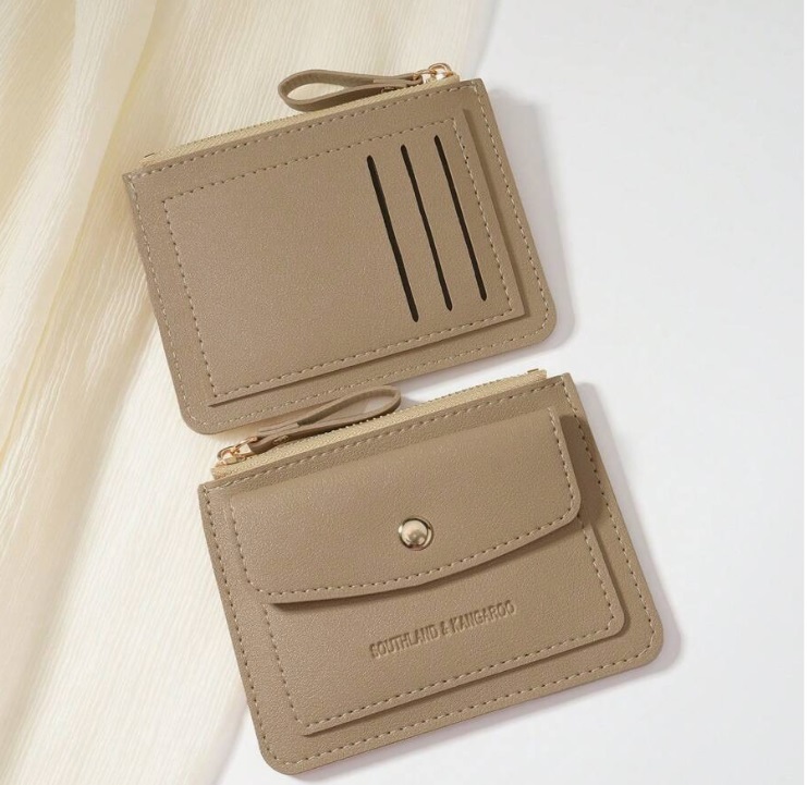 ■新品■ミニ　コンパクト財布 小銭入れ【カーキ】■コイン・カードケース■ 薄い 小さい レディース ミニウォレット PUレザー