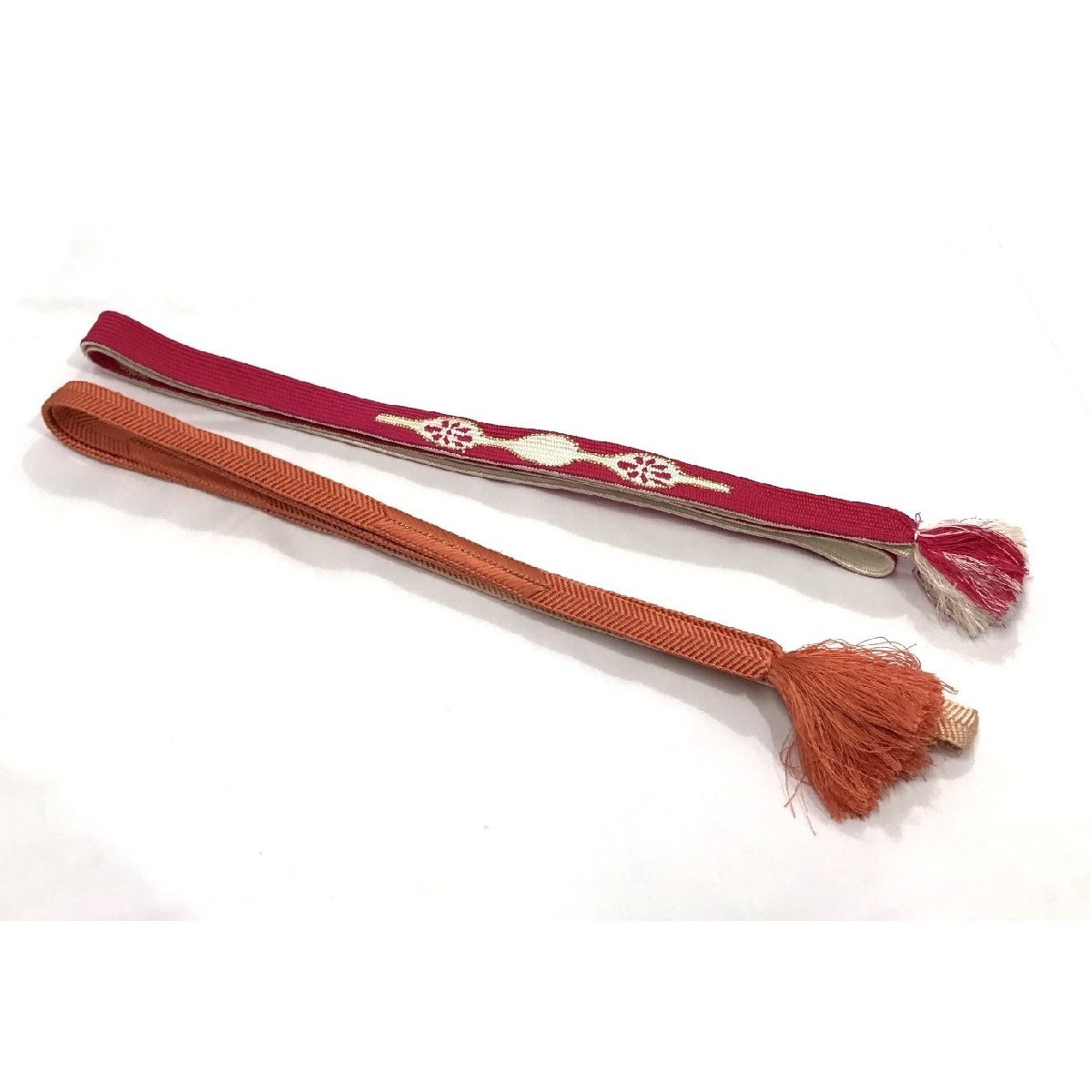 正絹 帯締め 2本セット　博多織 ピンク×白 リバーシブル/手組紐 金糸 コーラルオレンジ グラデーション　手組みひも 和装小物 【道楽札幌