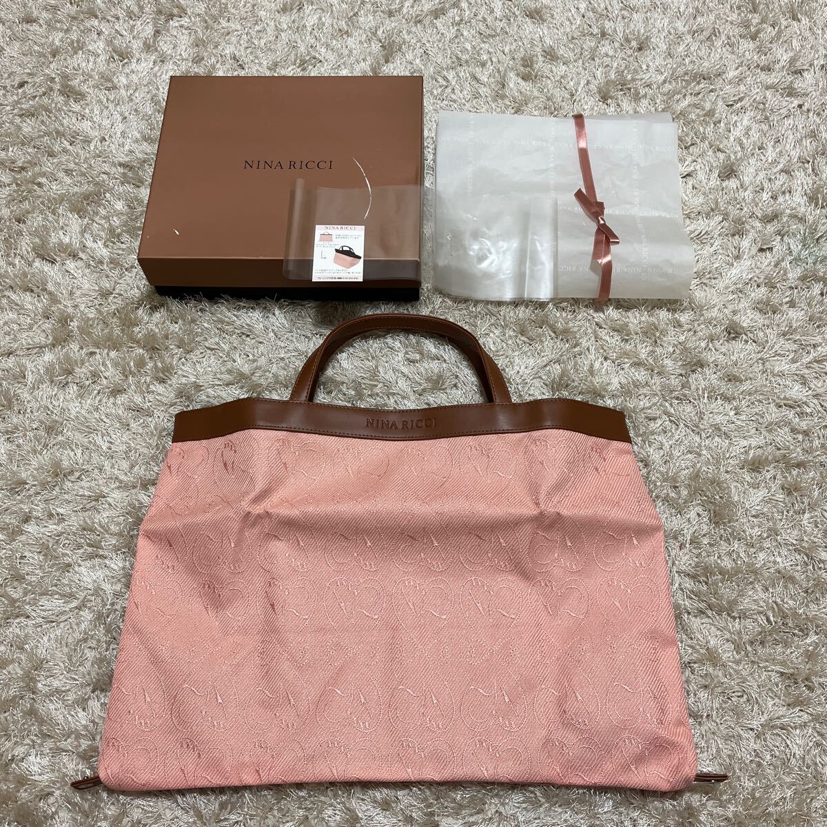 新品未使用 スペイン製 NINA RICCI ニナリッチ ハンドバッグ ロゴデザイン キャンバス レザー ピンク ブラウン 元箱付き
