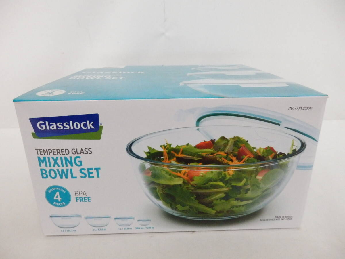 108D500G♪ ★未使用★ Glasslock グラスロック ガラス製 ボウル4個セット 食洗機 レンジ使用可能 スタッキングボール 密閉保存容器 