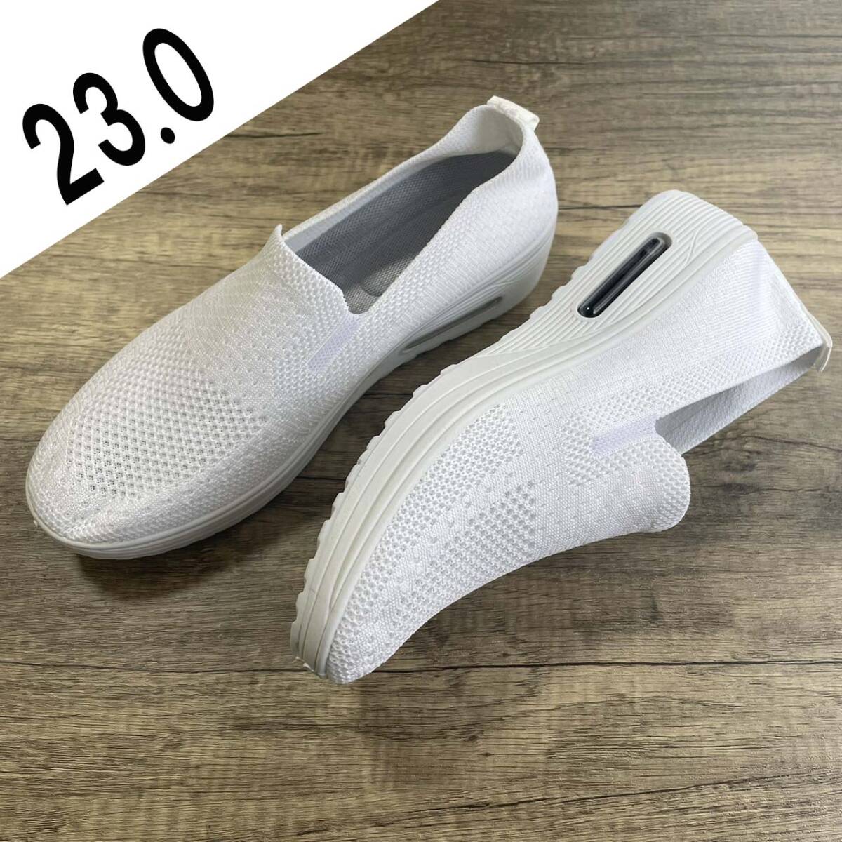 23.0cm WHT エアークッション厚底スニーカー メッシュスリッポンスニーカー