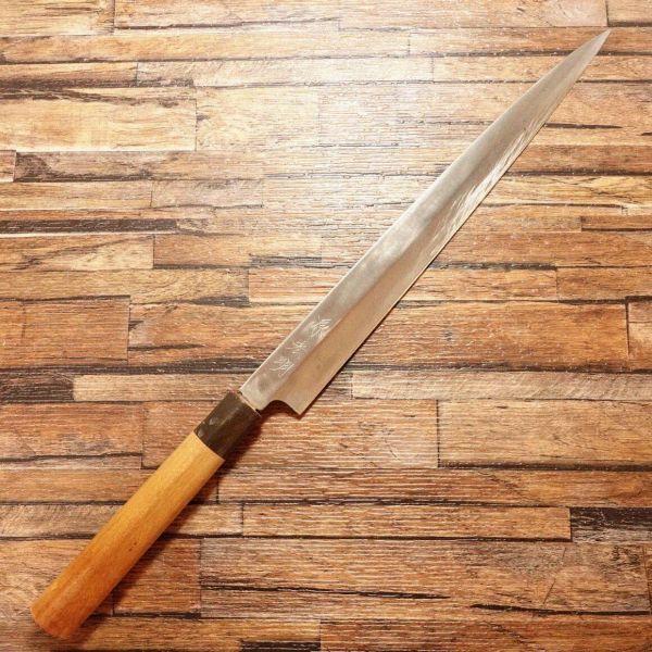 源宏明 柳刃包丁 研ぎ済 水牛柄 刺身包丁 ハガネ 使用感少 300mm