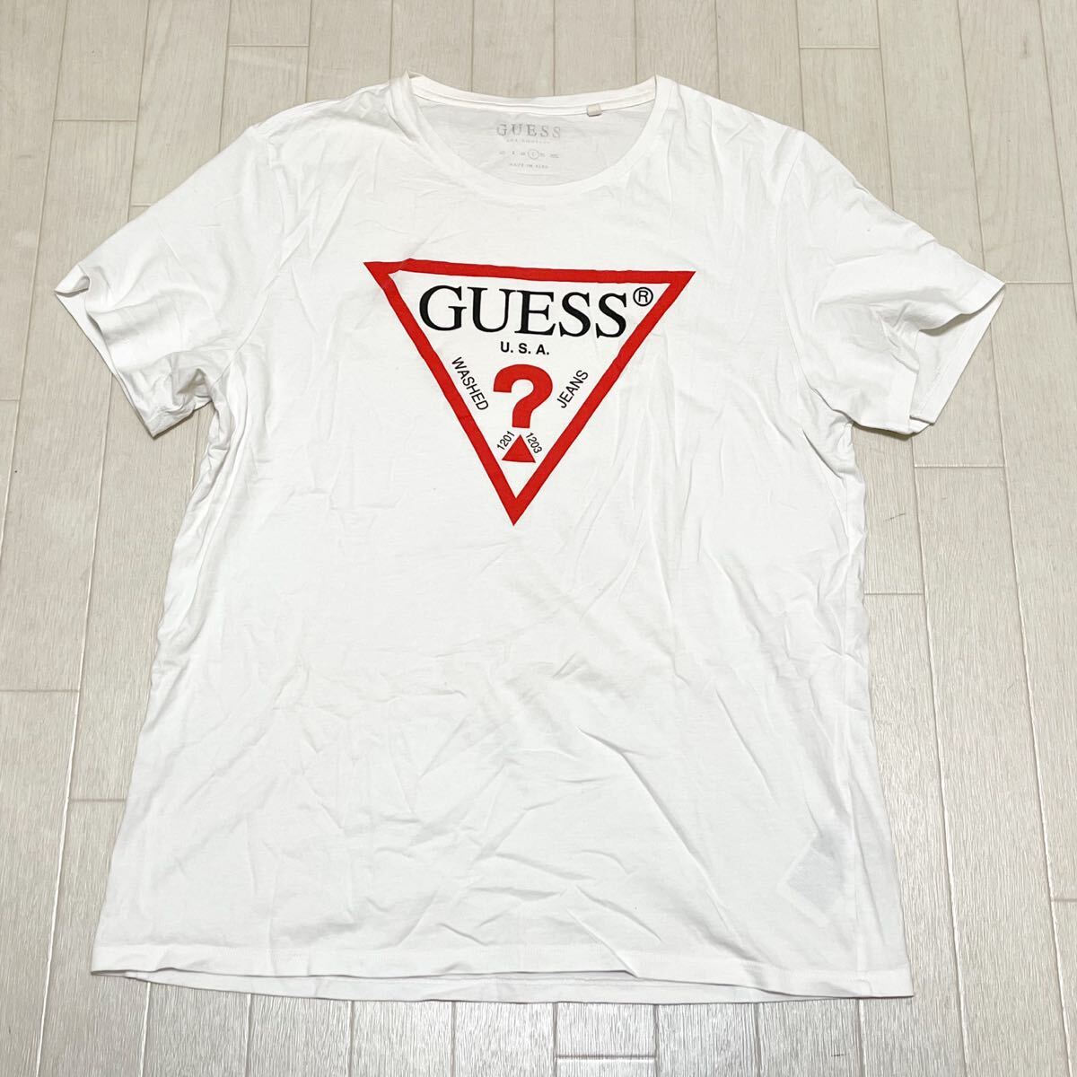 和780★② GUESS ゲス 半袖 ロゴプリント Tシャツ ビッグプリント L ホワイト レッド メンズ カジュアル