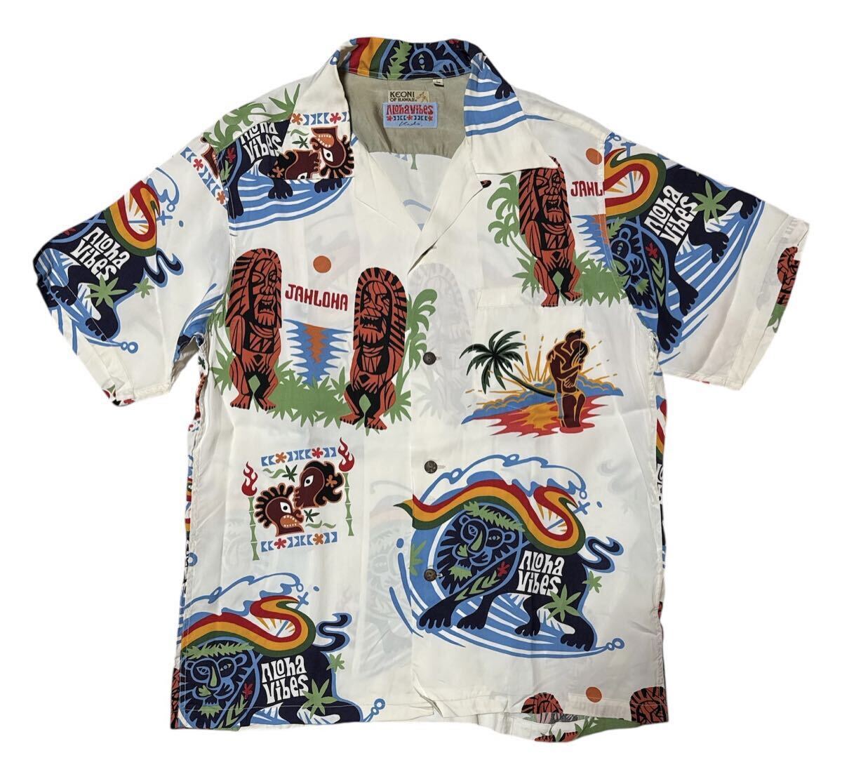 送料無料○ KEONI OF HAWAII ケオニ オブ ハワイ 東洋 サンサーフ × カッズ ミイダ作 ○ Aloha Vibes ヴァイブス柄 レーヨン アロハシャツ