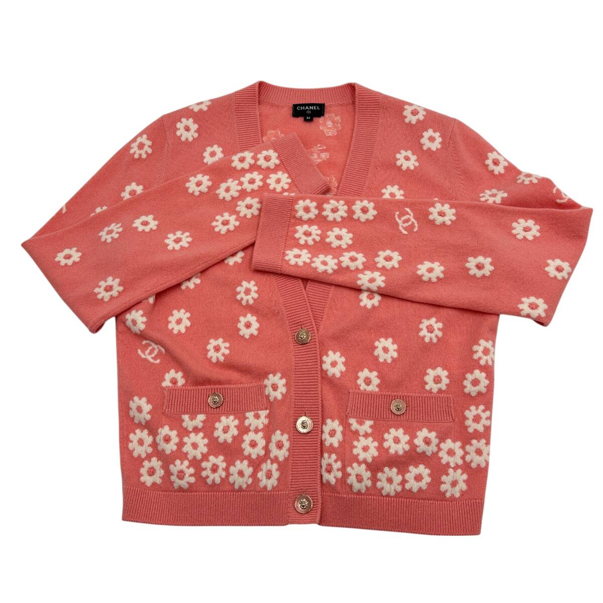 【美品】【 補修糸 ボタン 付】CHANEL カシミア カメリア カーディガン ココマーク デイジー ＃36 P72451 22P ニット