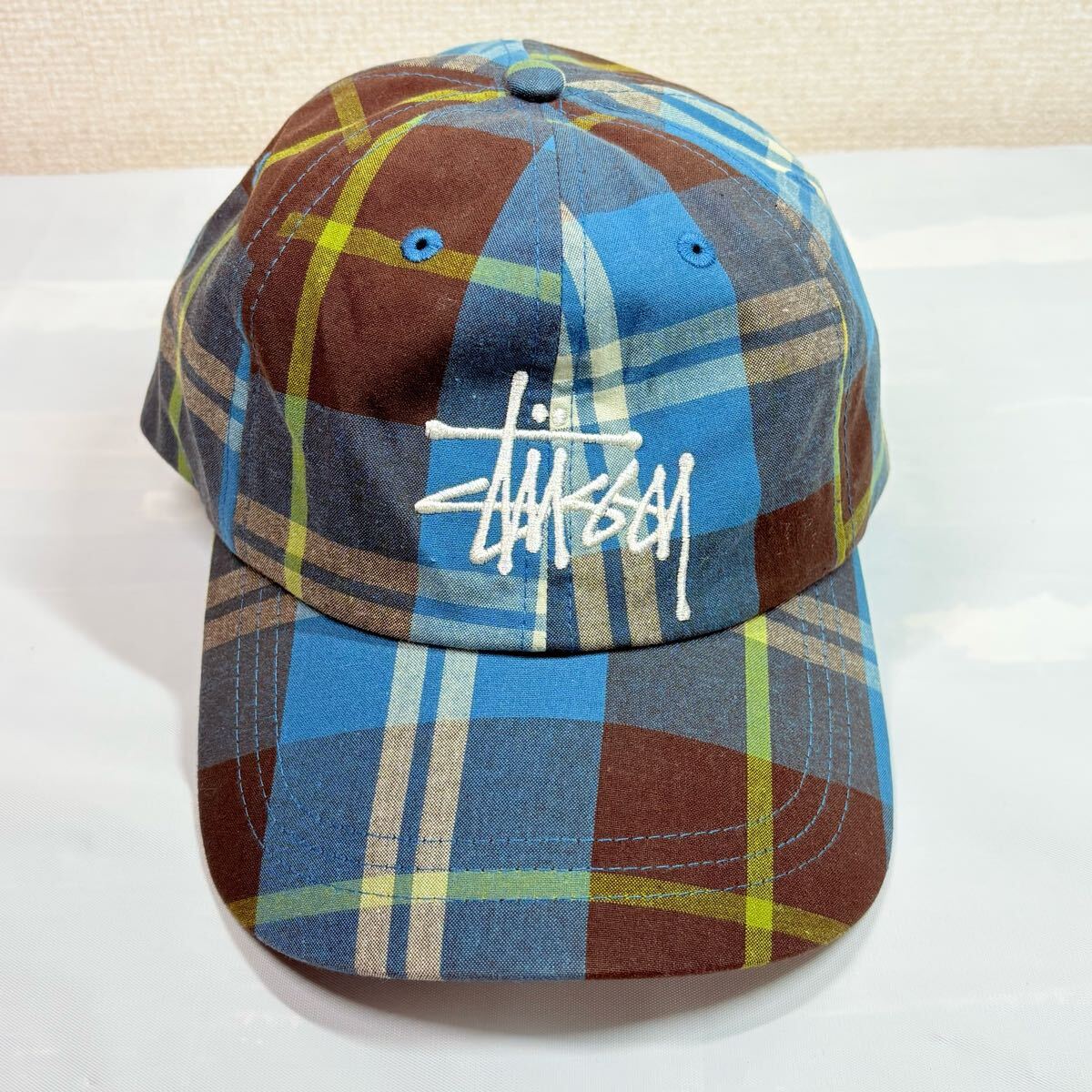 Stussy ステューシー チェック柄　ブルー系　キャップ帽子　サイズ調節可　古着