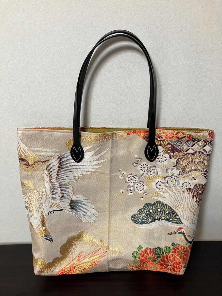 アンズルーム★ちょっと豪華な★着物×帯　リメイク★トートバッグ★ハンドバッグ★かばん★大容量　大きめ★鶴　タカ