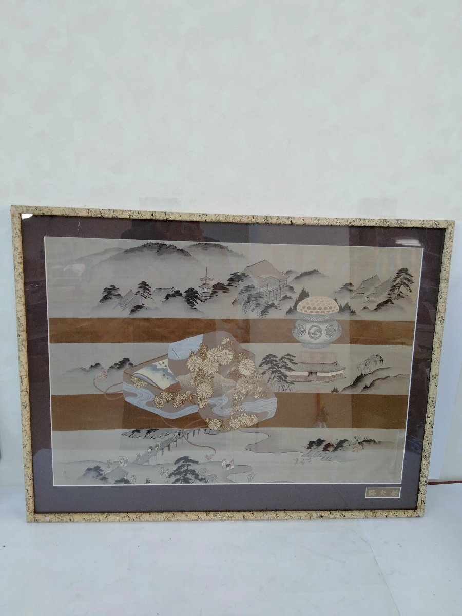 路大都 布絵 5重の塔 錦箱 香炉 中国 美術 額装 大型 中華
