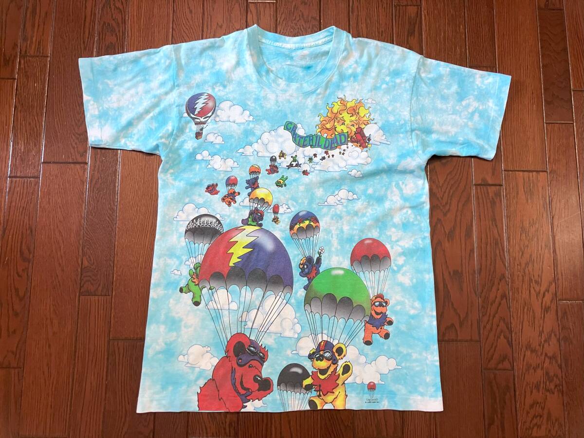 90s ビンテージ GratefulDead グレイトフルデッド タイダイ Tシャツ 水色 スカイダイビング パラシュート ベア クマ デッドベア 90年代