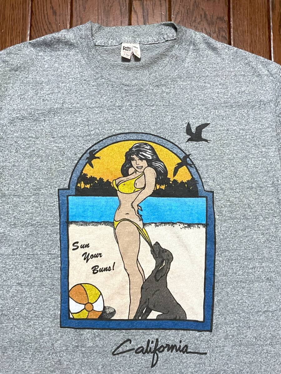 USA製 80s ビンテージ Collegiagte Pacific ビキニ 美女 Tシャツ L 霜降りグレー シングルステッチ 80年代 アメリカ製 検索 エロ ヌード