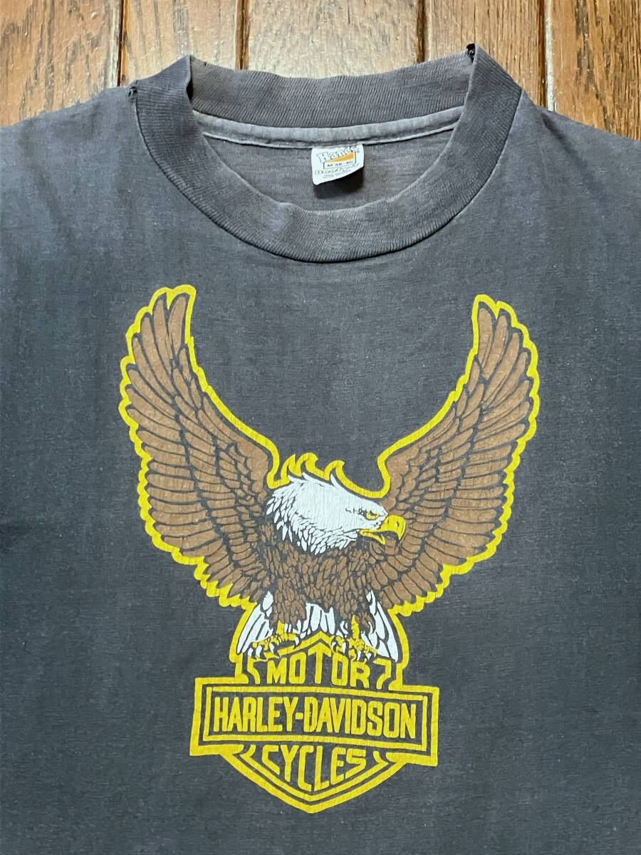 70s USA製 ビンテージ ヘインズ Hanes ハーレー ダビッドソン Tシャツ M 黒 フェード ブラック シングルステッチ HARLEY 70年代 アメリカ製