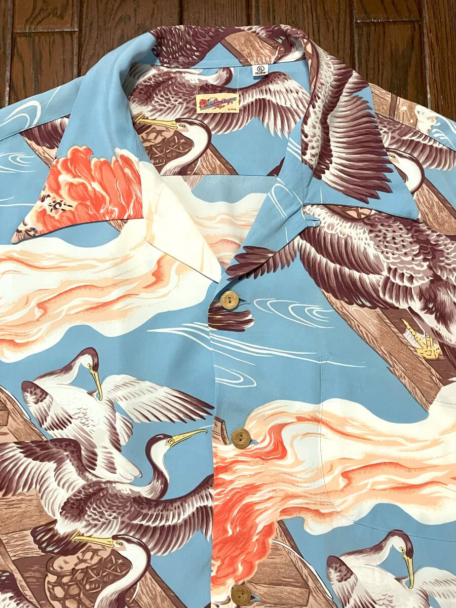 サンサーフ SUNSURF ビンテージ スタイル 縮緬 レーヨン アロハシャツ XL 水色 鵜飼 鳥 炎 かがり火 和柄 東洋 検索 40s 40年代