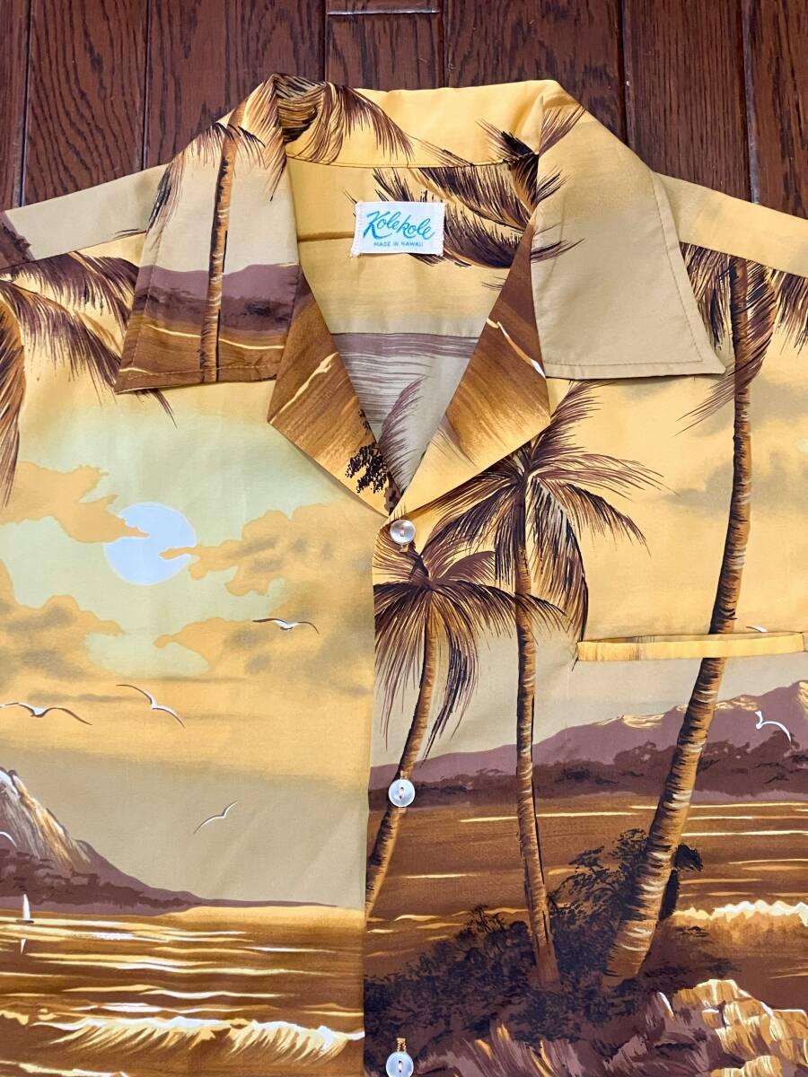 ハワイ製 Ｋｏｌｅｋｏｌｅ コレコレ ビンテージ アロハシャツ 茶系 ヤシの木 パームツリー ビーチ 夕日 MADE IN HAWAII