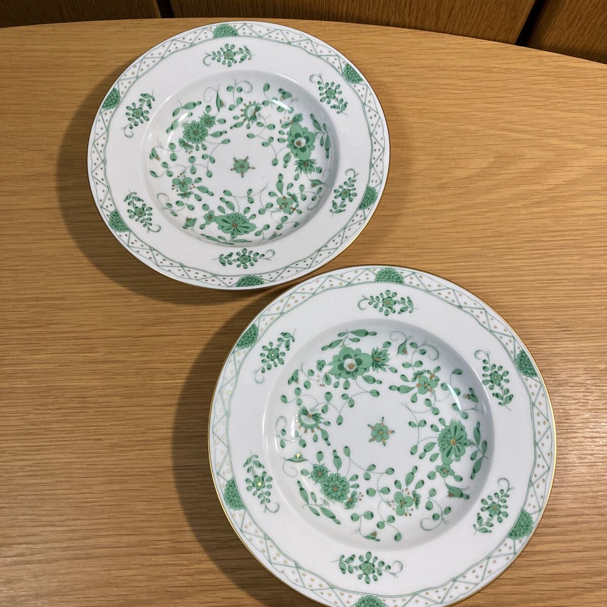 ▼ レイノー≪プレート 2枚≫リモージュ インドの華 モンテズマ グリーン スープ皿 パスタ皿 皿 Raynard Limoges