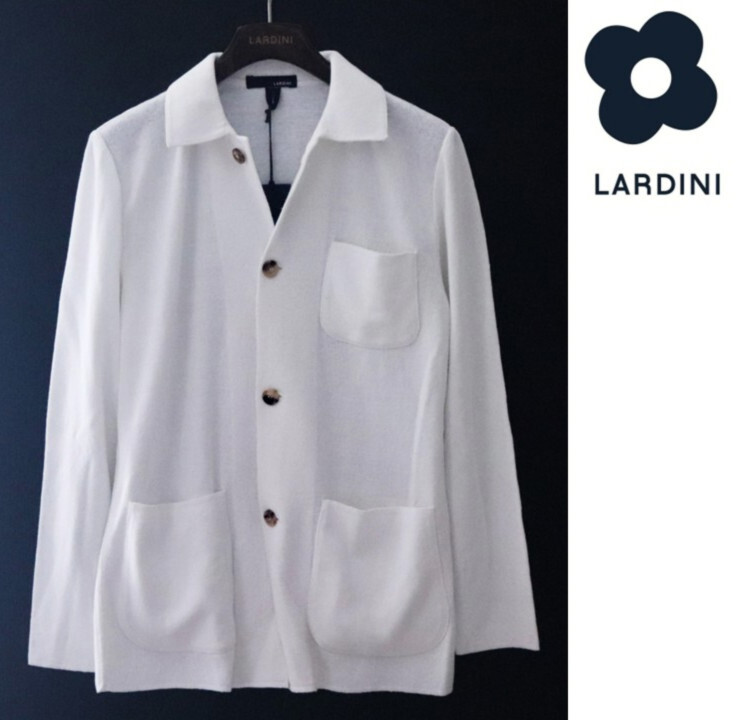 93,500円新品タグ付き【LARDINI ラルディーニ】12G麻コットン プレーンステッチ ニットジャケット 白 L v7328