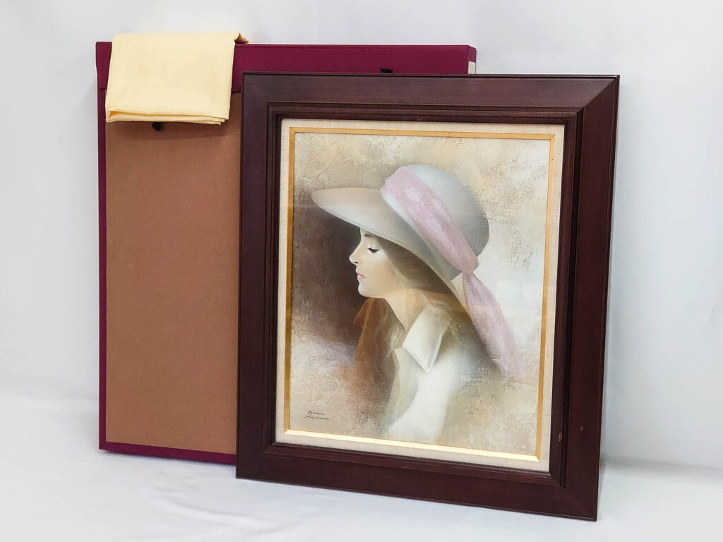 R-082921　【真作】 中原脩　「帽子の女」　F8(8号)　絵画(油彩、油絵、人物画、美人画、サイン入り、額装、外箱付)(R-082921)