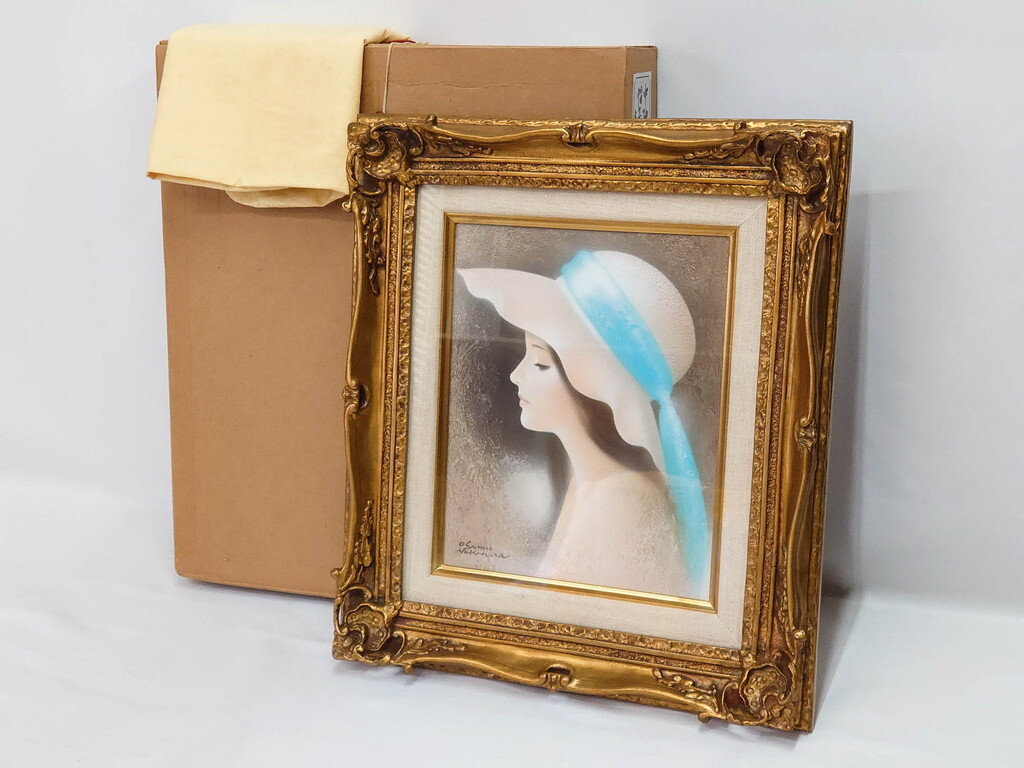 R-082922　【真作】 中原脩　「帽子の女　青いリボン」　F3(3号)　絵画(油彩、油絵、人物画、美人画、サイン入り、額装、外箱付)(R-082922)