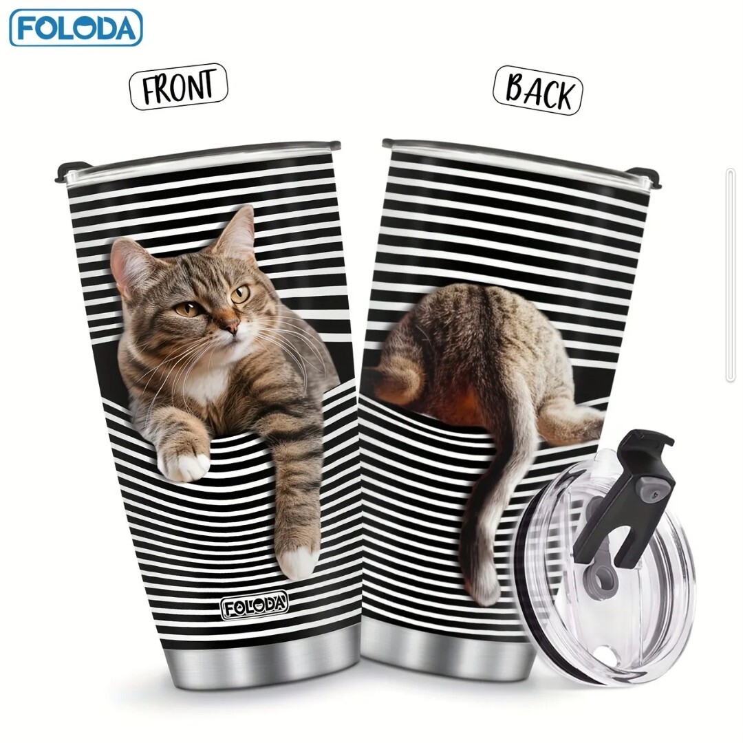 600円OFF 600ml　保温ステンレスタンブラー　かわいい猫デザイン　車用カップホルダー対応　トラ猫　キジトラ　ボーダー