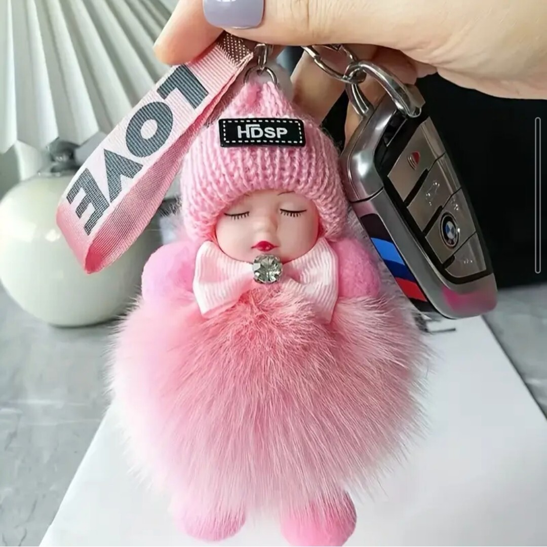 半額SALE ピンク リアルファーファー付き カートゥーンドールキーホルダー リングバックル付き キーリング キーホルダー 赤ちゃん ベビー