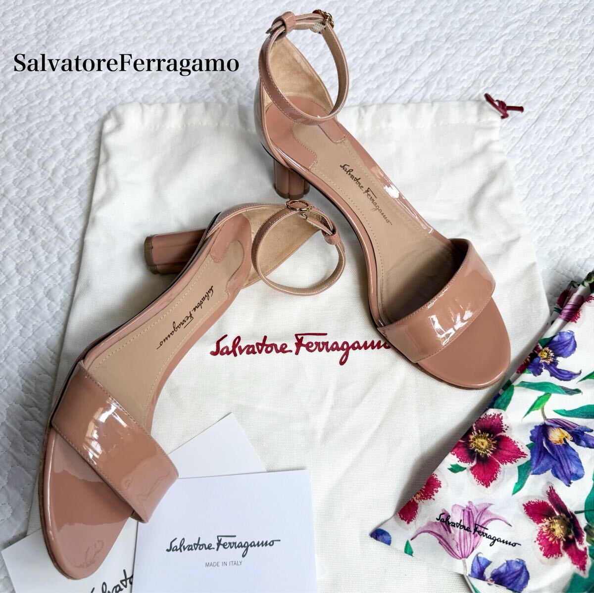 SalvatoreFerragamo サルヴァトーレフェラガモ フラワー ストラップ　サンダル 2way スカーフ 花柄 ピンク 5D 22.5cm ブランド靴