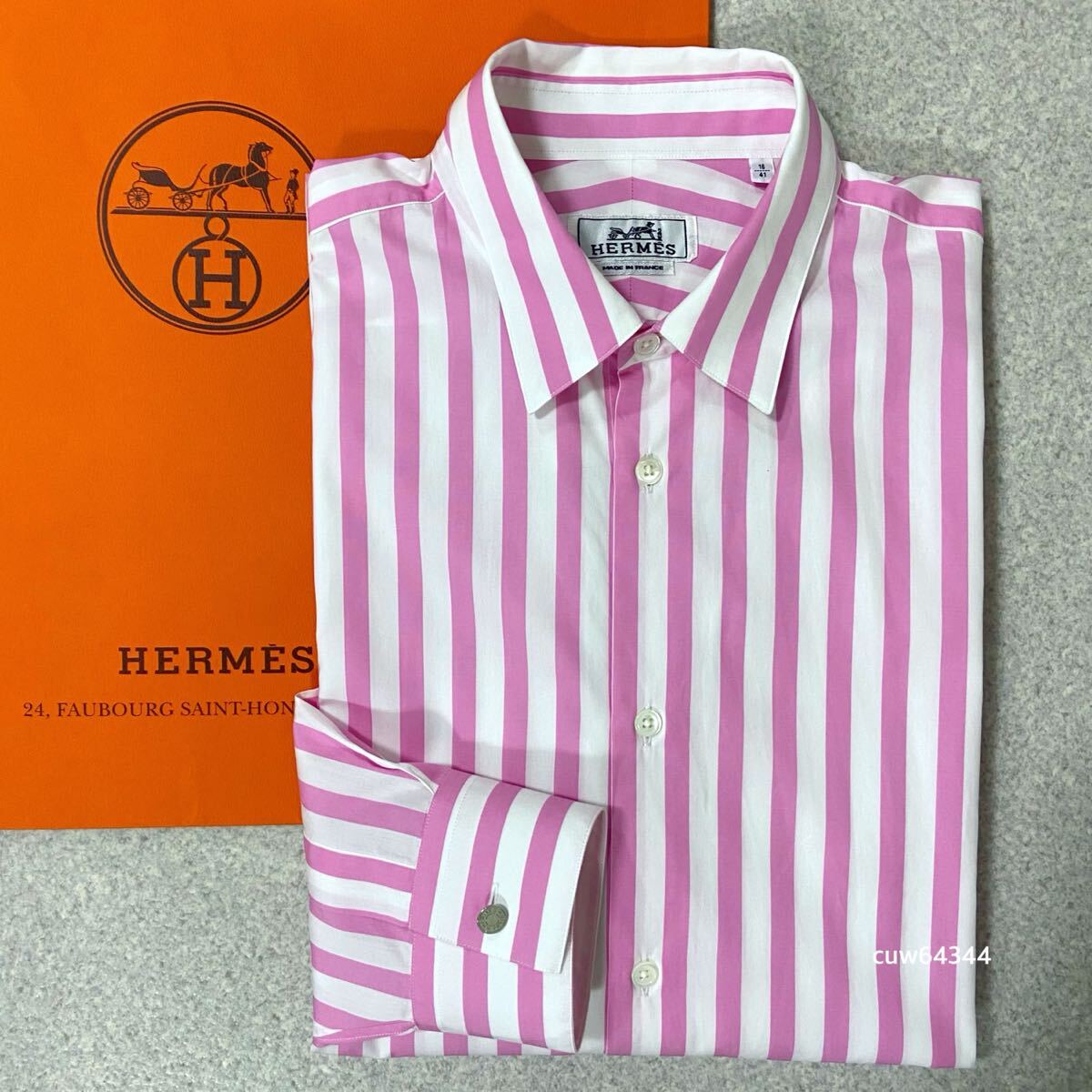 国内正規品 極美品 Hermes エルメス 41 XL 20ss コレクションモデル オーバーサイズ 長袖シャツ ストライプ 白×ピンク セリエボタン 