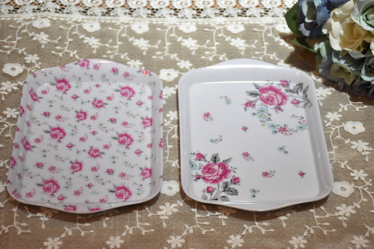 MR-A1*条件付き送料無料も有！メラミン*ミニトレー*2枚*21×14*ローズ*花柄*バラ*メラミン製*軽量*丈夫*小物入れ*トレイ*可愛い*プチサイズ