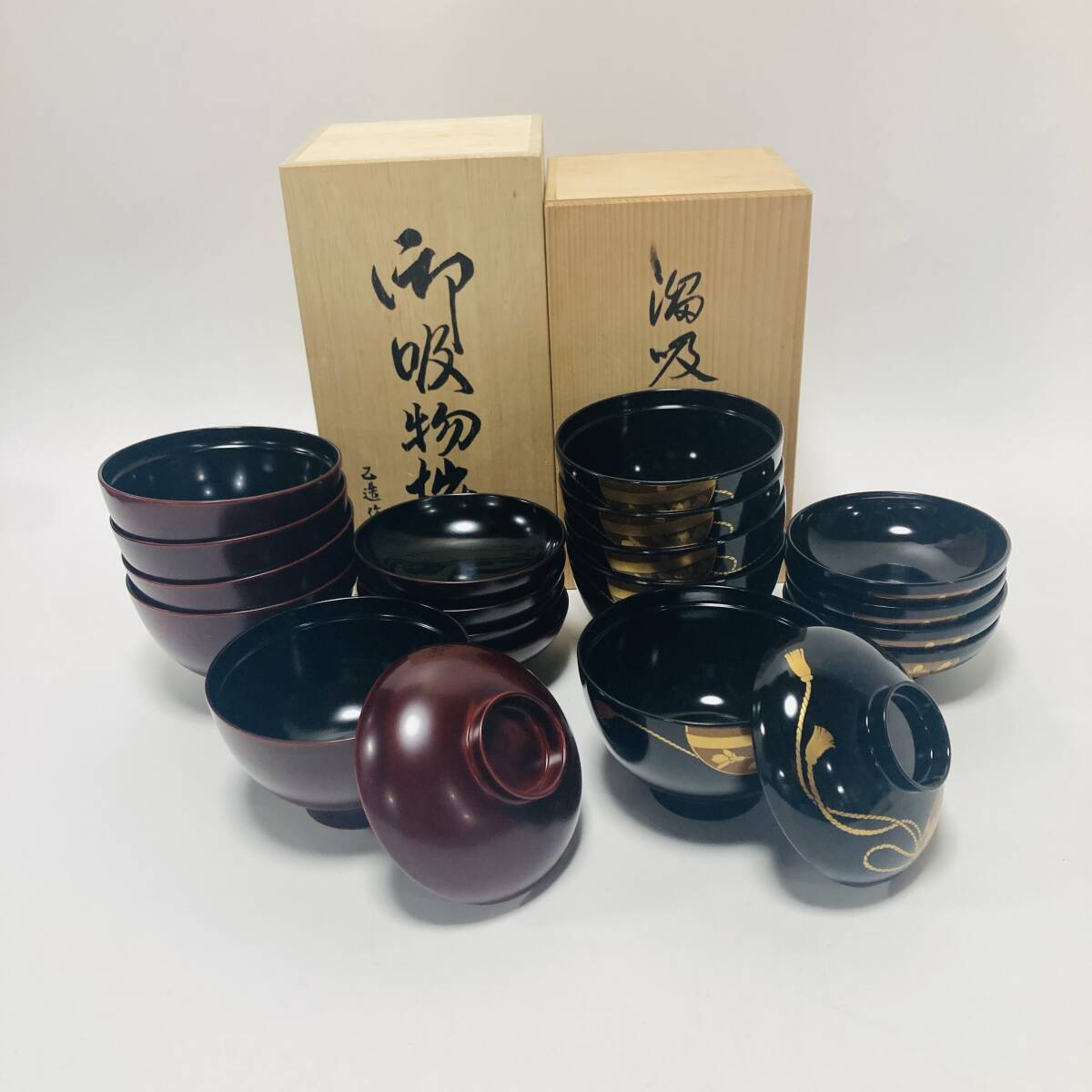 【63145C】未使用 乙造作 木合 吸椀 黒 梨地鈴 溜吸物椀 無地 木箱入り 2箱 10点 まとめて 和食用品 現状品 経年保管品