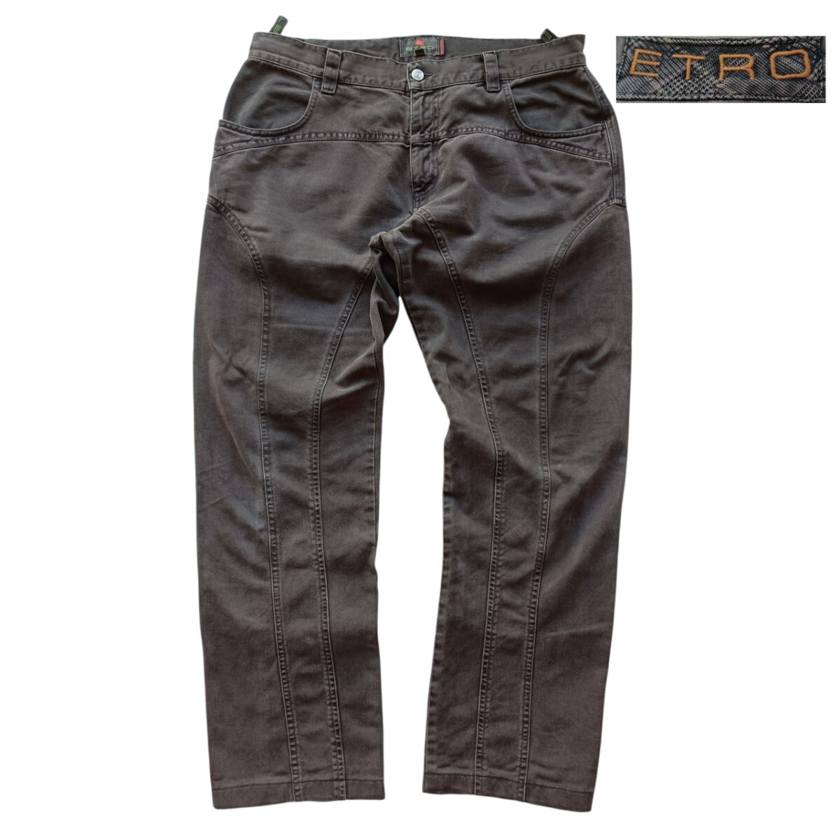 超希少 40(実寸w92cm)XL ETRO エトロ ジーンズ 高級イタリア製 コットンパンツ ブラウン系 大きいサイズ メンズ ストレート ゆったり拍卖