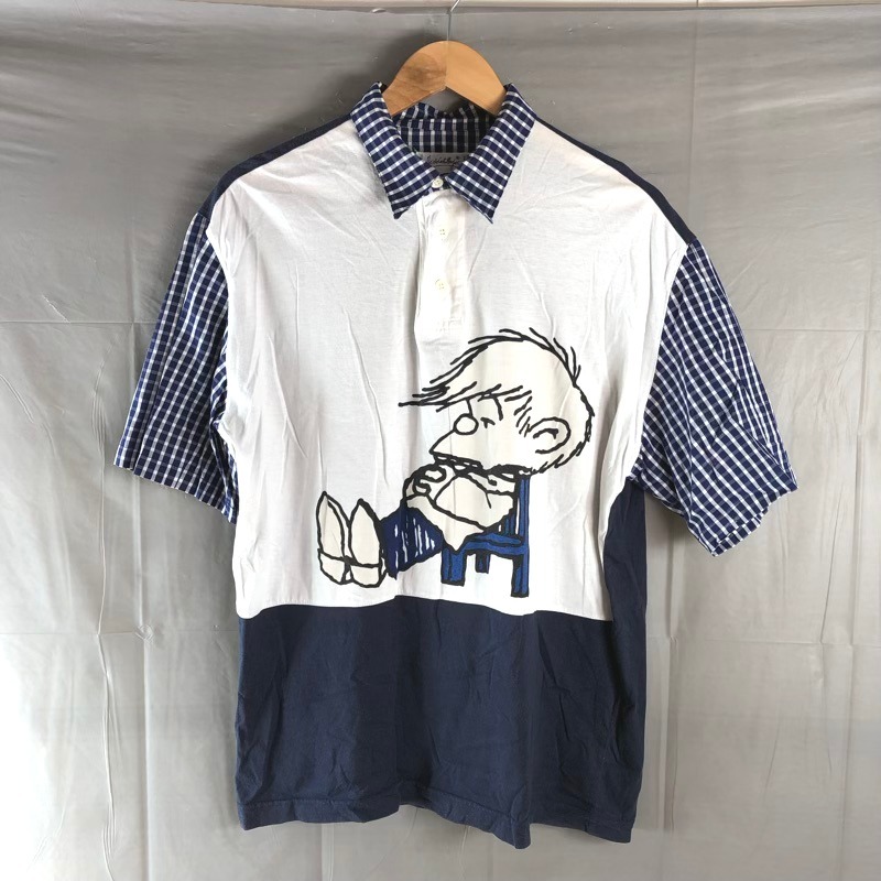 カステルバジャック JC de CASTELBAJAC カットソー 半袖 プリント チェック柄 ボタン 綿100％ イタリア製 白 ネイビー系 958890