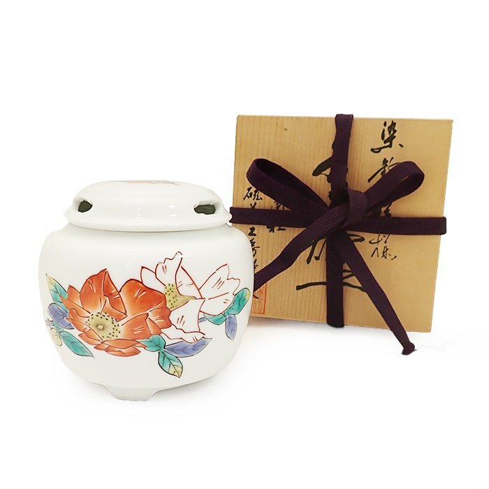 【骨董品】香蘭社 香炉 有田焼 磁藝工房謹製 染錦模様 陶器 磁器 茶道具 香道具 花柄 古美術 サイン 共箱 送料880円