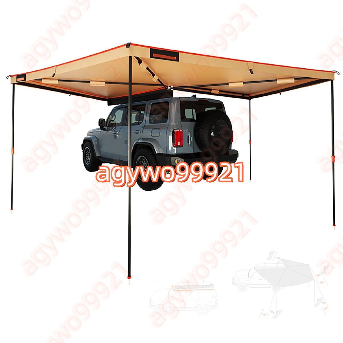 カーサイドオーニング 270°扇形展開 10人用 大型サイドオーニング 270*270*220cm 防水 UV99%カット 日焼け防止 耐風設計 収納袋付属