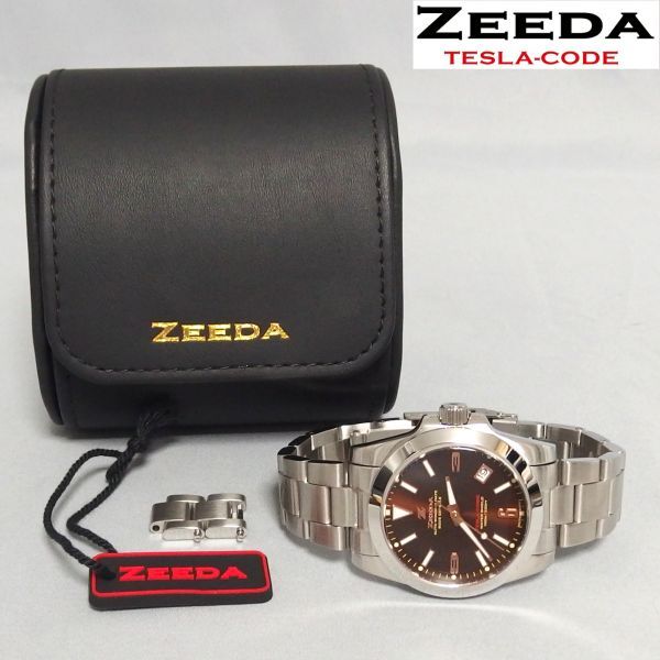極美品★ZEEDA TESLA-CODE CHOCOLATE BROWN デイト 自動巻き 腕時計 茶 テスラコード ジーダ★