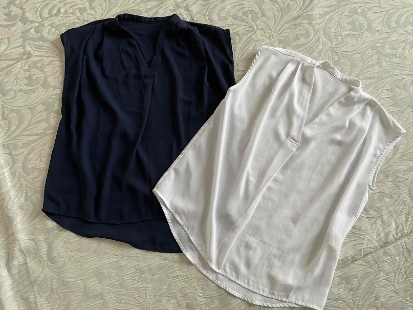 ▲【 GeeRA 】2つSET タックデザイン スキッパーブラウス シャツ ネイビー L トップス [ おまけ: ホワイト M ] 送料185円