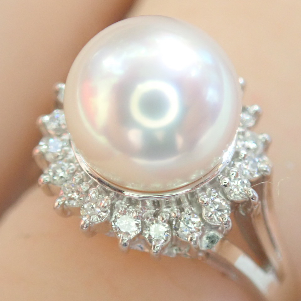 ■Pt900 約8.2mm あこや真珠リング D:0.20ct■ダイヤモンド取巻き■パール 本真珠 アコヤ■指輪■中古磨き仕上げ■