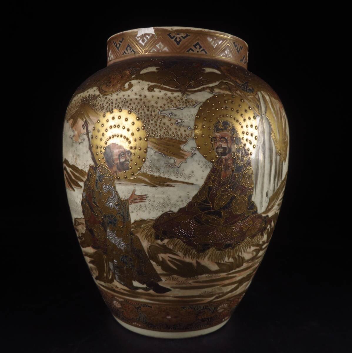 【SAKURAYA】豪華絢爛【薩摩焼 金襴手 金彩山水人物文化瓶】細密絵付 時代 飾壺 壷 骨董品 古美術品 古薩摩焼 高さ23.2cm