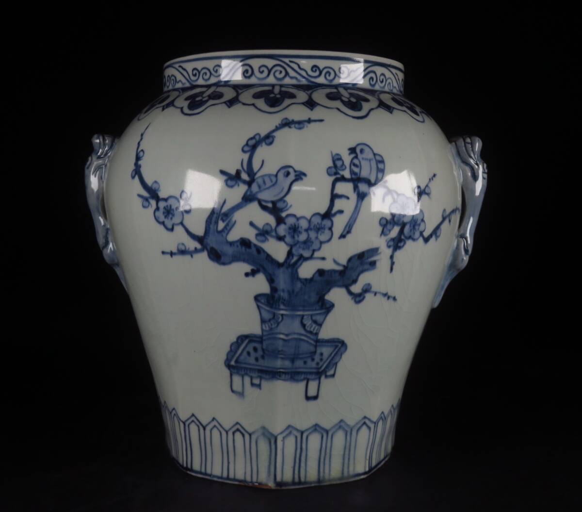【SAKURAYA】コレクター委託品【李朝 染付花鳥文双耳壷】時代 花瓶 飾壺 朝鮮古美術 朝鮮古陶磁 唐物 中国古玩 骨董品 古美術品 高さ24.5cm