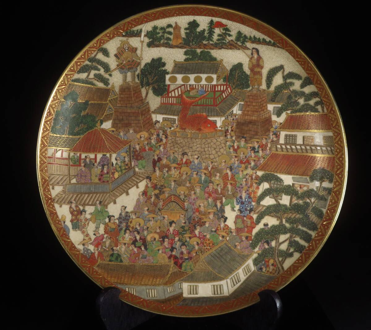 【SAKURAYA】豪華絢爛【薩摩焼 金彩町民遊興之図飾皿】額皿 細密絵付 骨董品 古美術品 時代 希少品 直径43cm