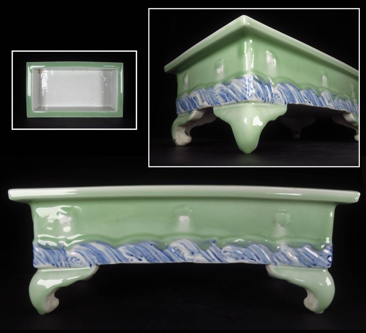 【SAKURAYA】全長47cmの希少な大型品【尾張焼 青磁染付青波文四方鉢】時代 瀬戸焼 植木鉢 盆栽鉢 長方鉢 蘭鉢 希少 珍品 骨董品 古美術品