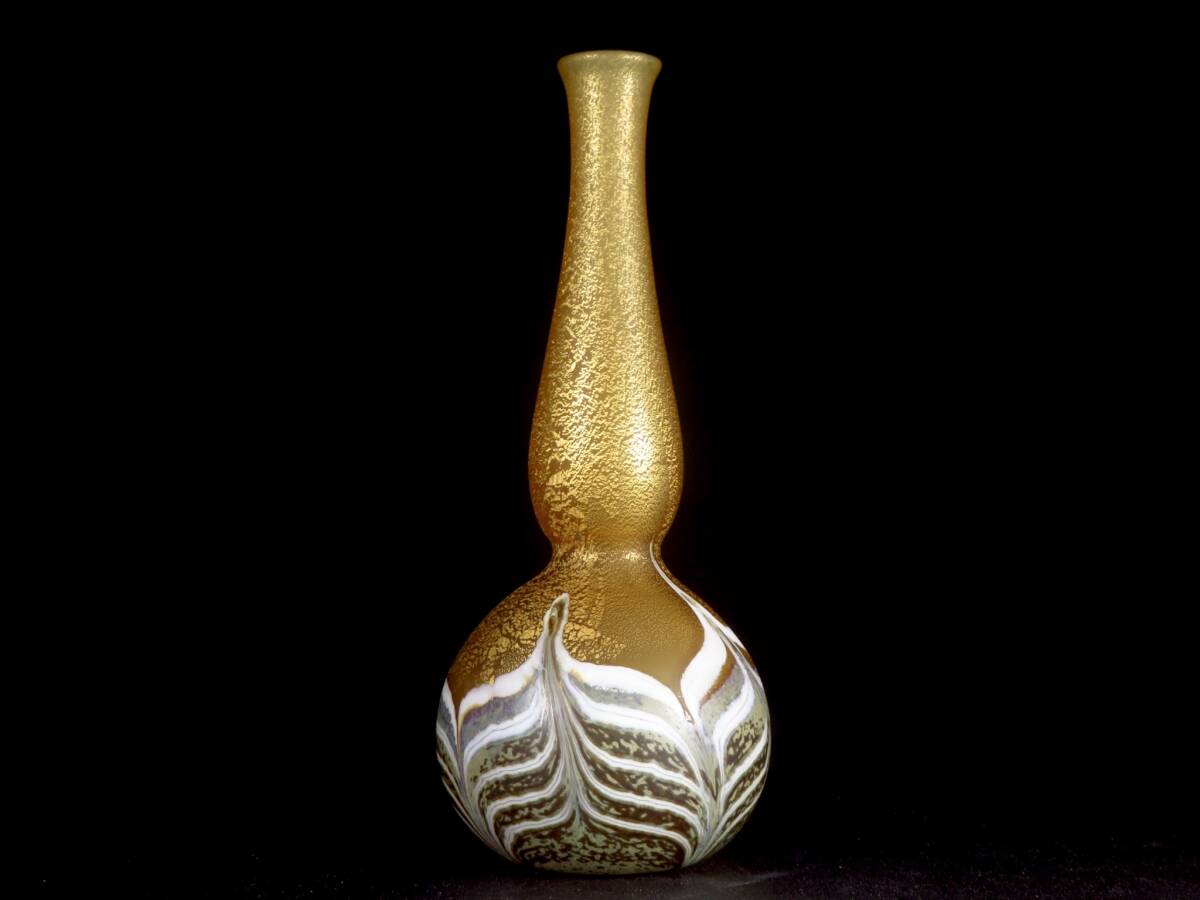 【SAKURAYA】最上位作【金彩手吹ガラス瓢形花瓶/ガラス工芸作家の名工 栗原豊生】クリスタルガラス 飾壷 壺 作家 花器 花入 高さ31.5cm